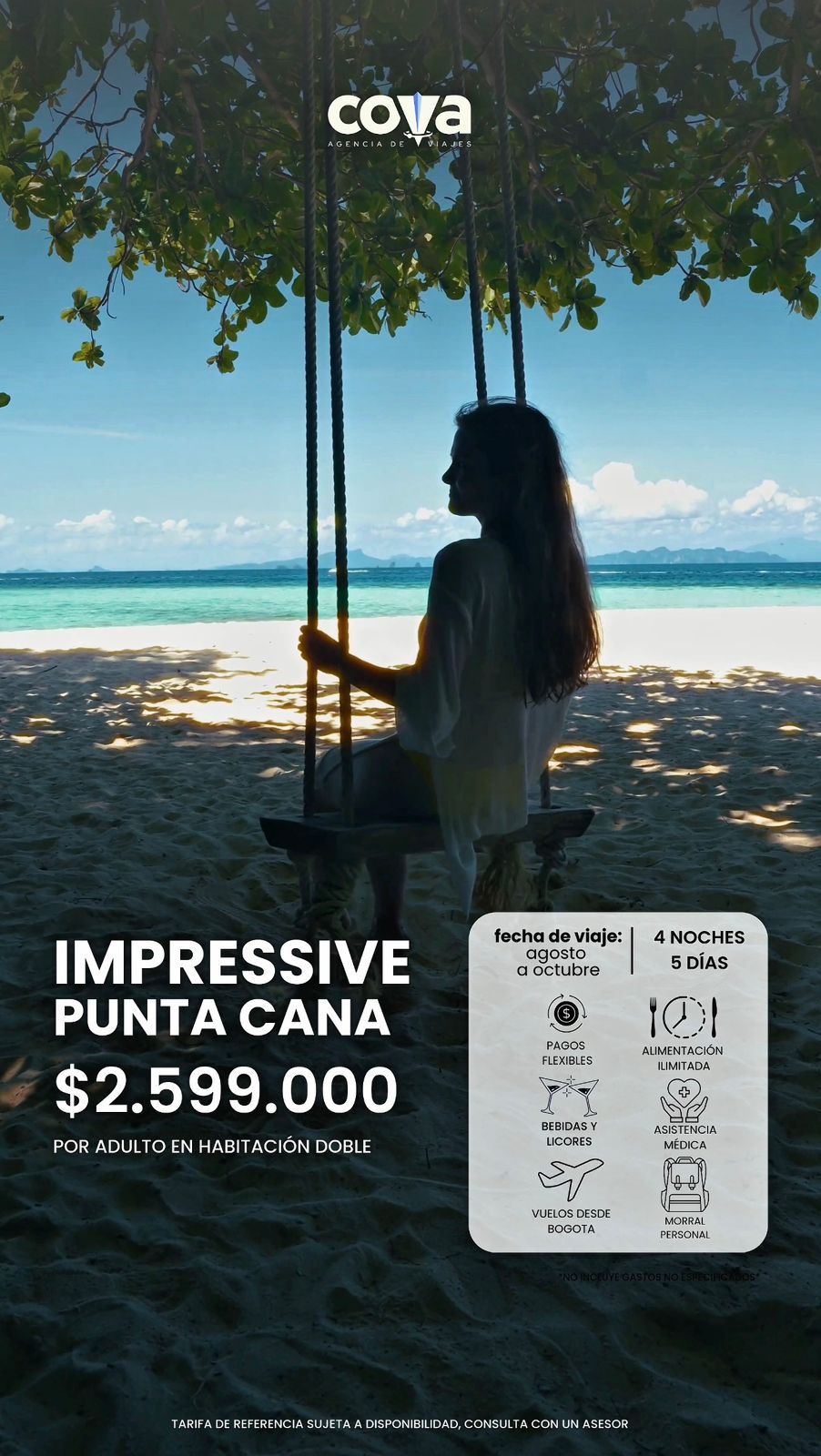 ✨ EL PRECIO INCLUYE ✨ ✈️ Tiquetes aéreos ida y regreso desde Bogotá – Punta Cana – Bogotá 🎒 Mochila o artículo personal (medidas máximas 45 × 35 × 20 cm) 🚐 Traslados aeropuerto – hotel – aeropuerto 🏨 Alojamiento en Hotel Impressive Punta Cana 🍽️ Plan Todo Incluido (ALL INCLUSIVE): * Desayunos, almuerzos y cenas tipo buffet * Cenas a la carta (con previa reserva) * Snacks durante el día 🍹 Bebidas alcohólicas y no alcohólicas 🎭 Actividades y shows dentro del hotel 🏖️ Sillas de playa y sombrillas para huéspedes 🌊 Playa privada 🩺 Asistencia médica en caso de accidentes y enfermedades 💰 Todos los impuestos incluidos